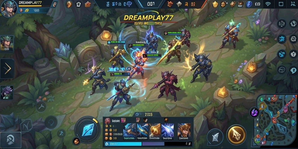 Tampilan gameplay intens dari DREAMPLAY77 dalam pertarungan MOBA.