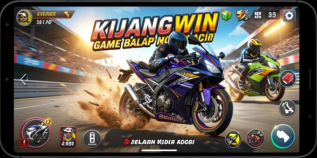 Gameplay KIJANGWIN menampilkan aksi balap motor yang mendebarkan.