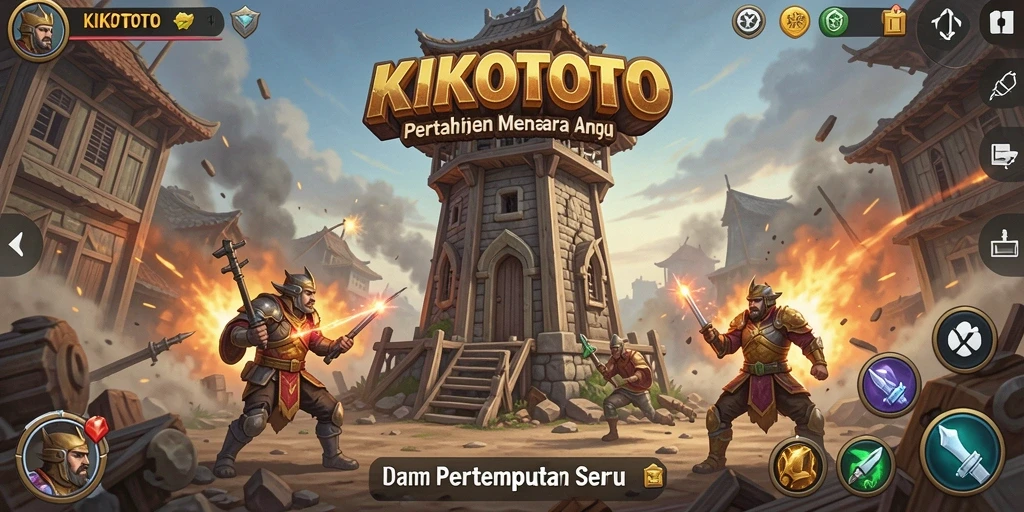 Tampilan gameplay KIKOTOTO dengan menara pertahanan yang kokoh.