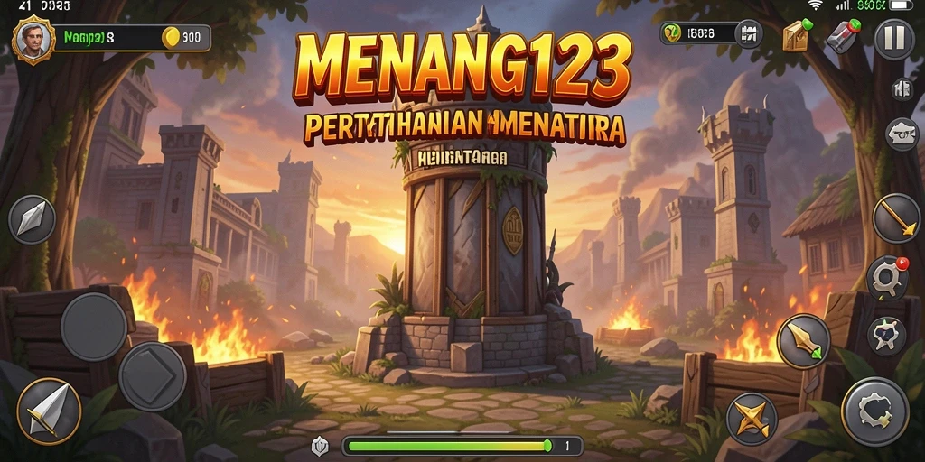 Tangkapan layar menunjukkan aksi intens dalam MENANG123 saat membangun pertahanan menara.