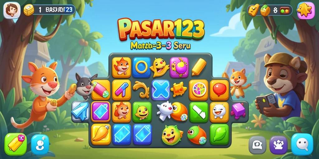 Screenshot utama dari gameplay PASAR123 menampilkan level Match-3 yang menantang.