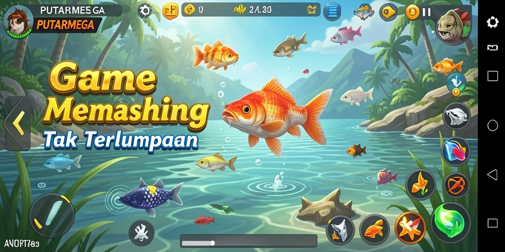 Screenshot menampilkan gameplay PUTARMEGA dengan karakter memancing di lokasi tropis.