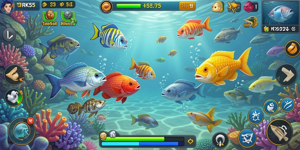 Tampilan gameplay RK55 menembak ikan di bawah laut yang memukau.