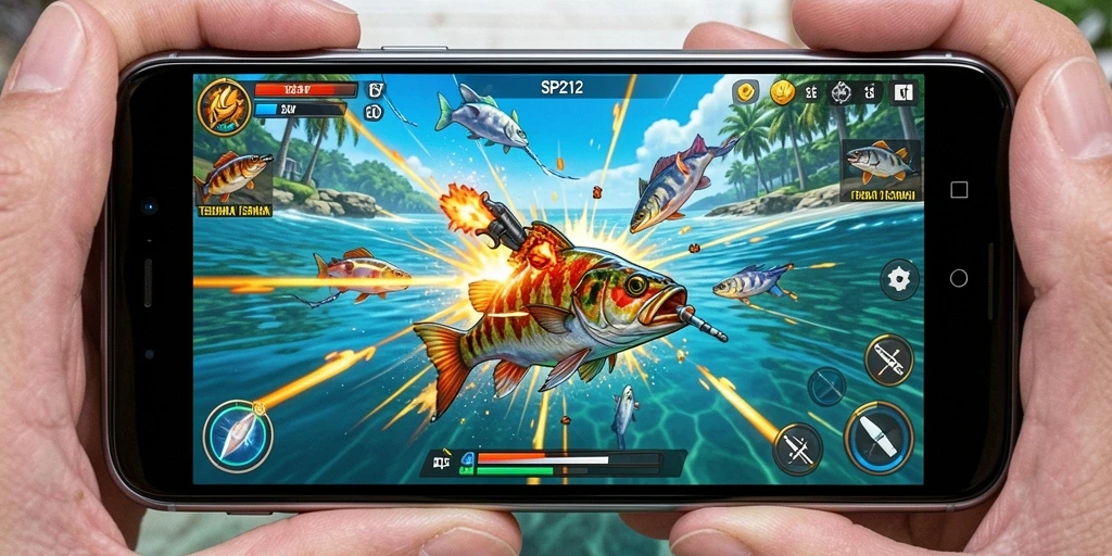 Screenshot SP212 menampilkan aksi menembak ikan yang mendebarkan.
